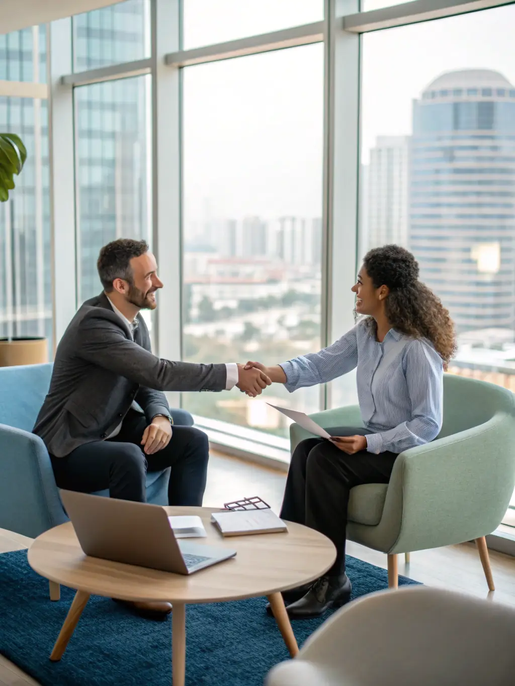 A professional IT recruiter shaking hands with a new TechAurum staff augmentation client in a modern office setting, symbolizing a successful partnership.