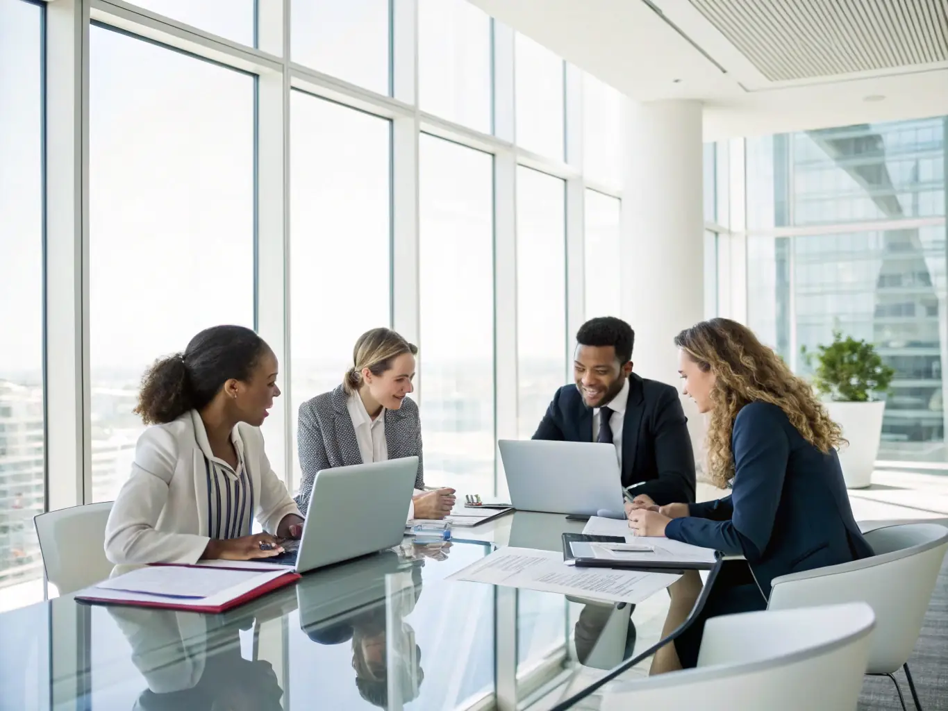 A diverse team of IT professionals collaborating in a modern office environment, showcasing TechAurum's commitment to providing skilled staff augmentation services.