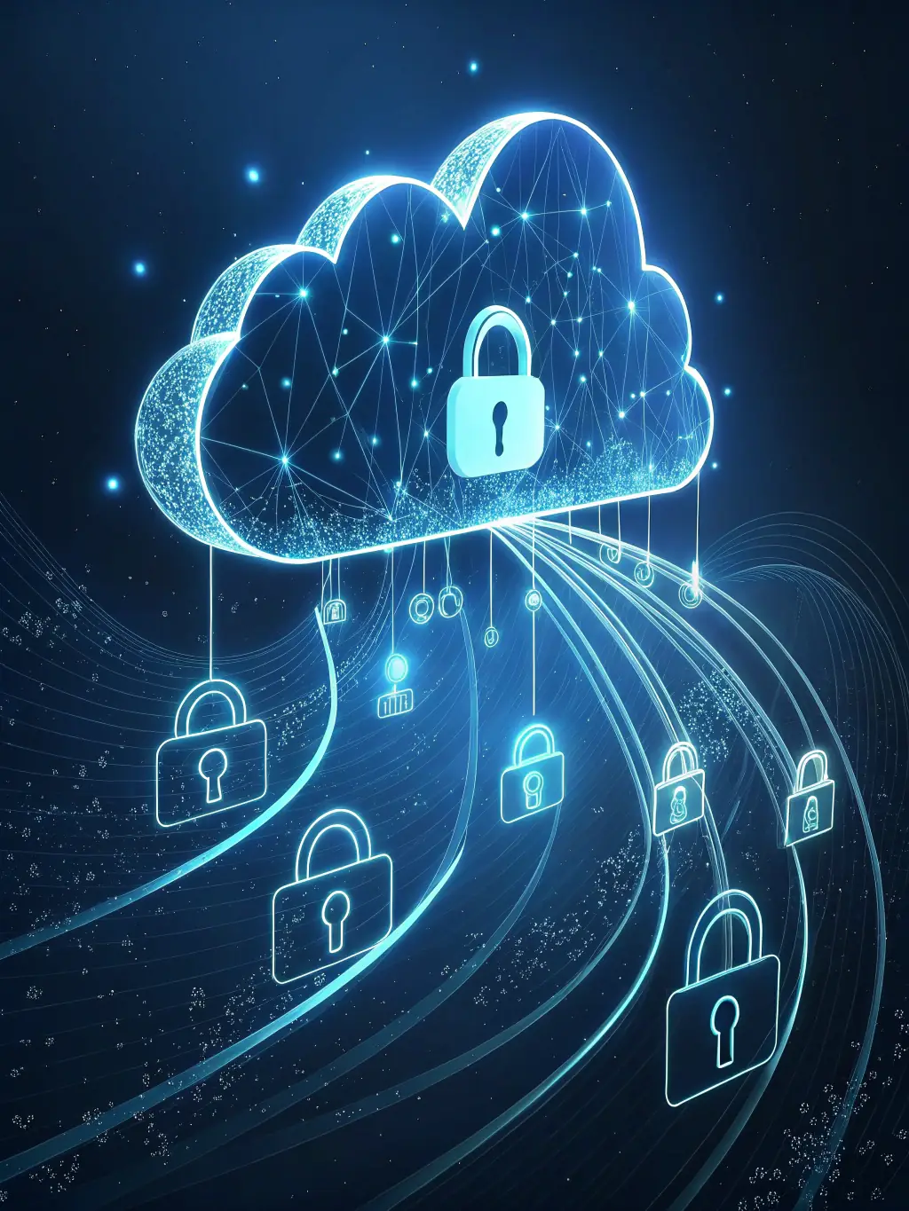 An abstract representation of data flowing through Microsoft Fabric, emphasizing its scalability and security features for data analytics and management.