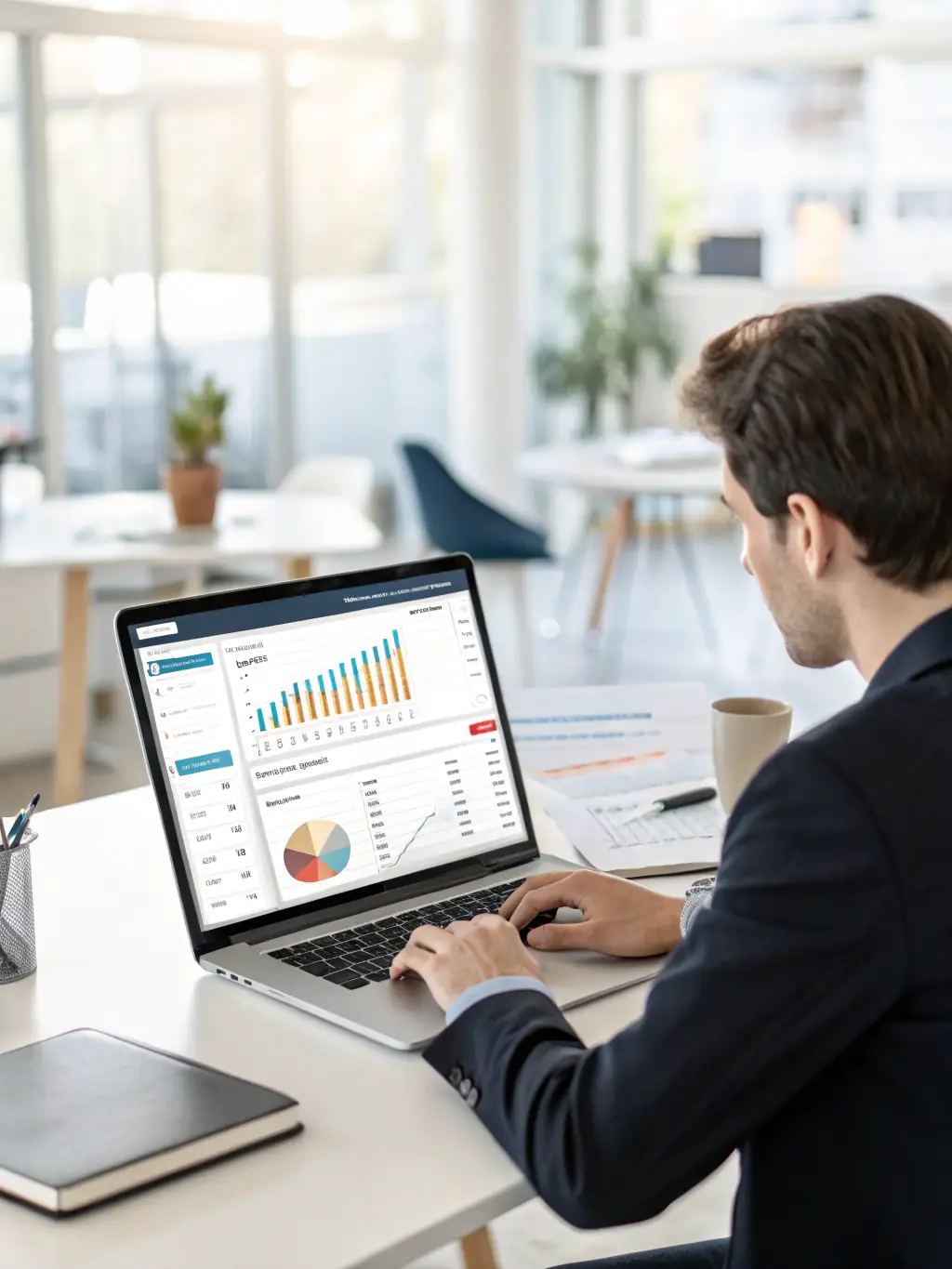 A professional photo of a consultant working on Microsoft Dynamics 365 F&O, showcasing its user interface and data analytics capabilities in a modern office setting.