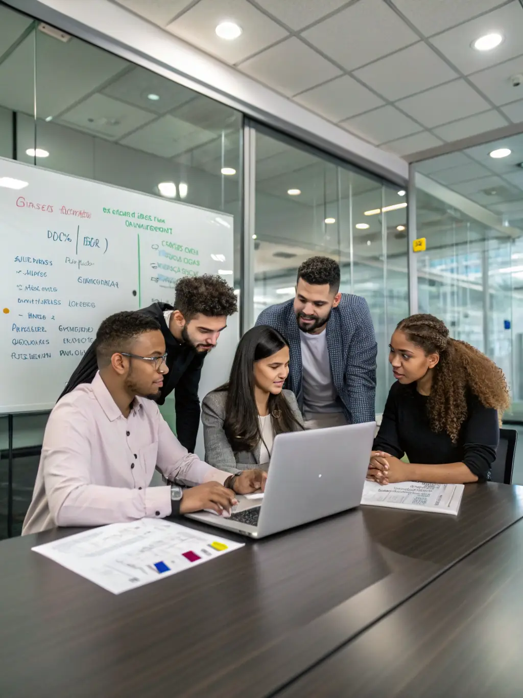 A diverse team of IT professionals collaborating on a Microsoft Fabric data solution, emphasizing TechAurum's comprehensive service offerings.